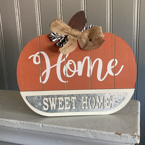 NWT HOME SWEET HOME Slatted Solid Wood & Galvanized Pumpkin Decor Sign 🍁s & Bow - Picture 5 of 17